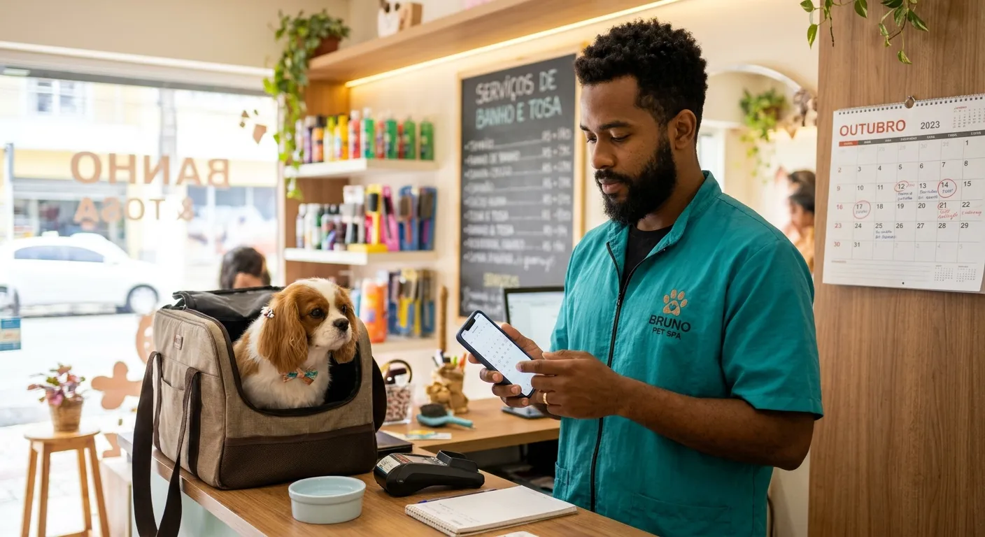 ciclo de retorno do cliente — dono de pet shop conferindo no celular quem passou do dia de voltar