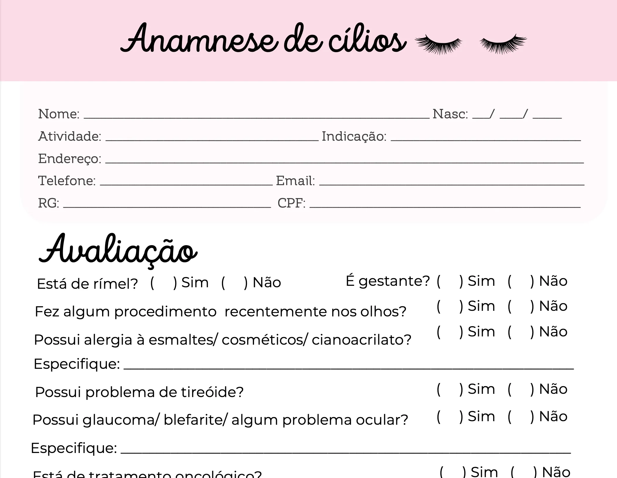 Ficha de Anamnese de Cílios: Download Grátis!